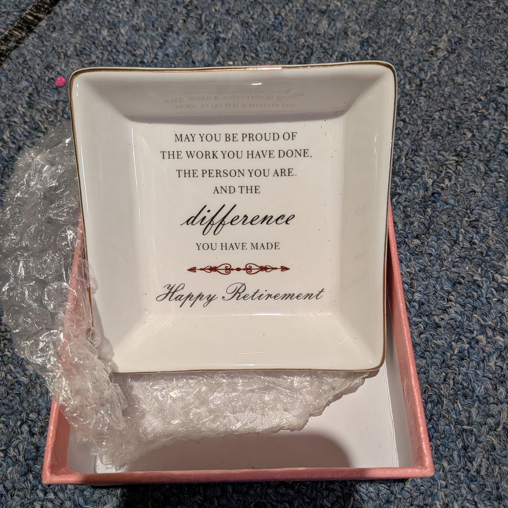 New White Ceramic Retirement Trinket Dish with Gold Trim